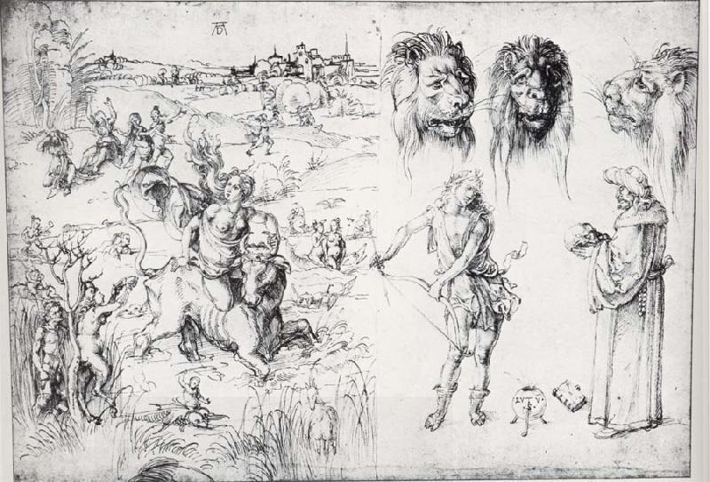 Albrecht Durer Sketch Sheet with the Rape of Europa